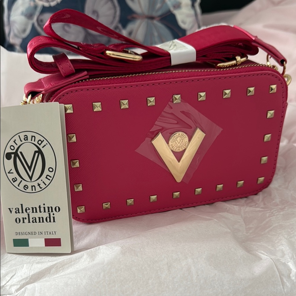 Valentino Orlandi Pink Crossbody Bag with Gold Studded Details!
